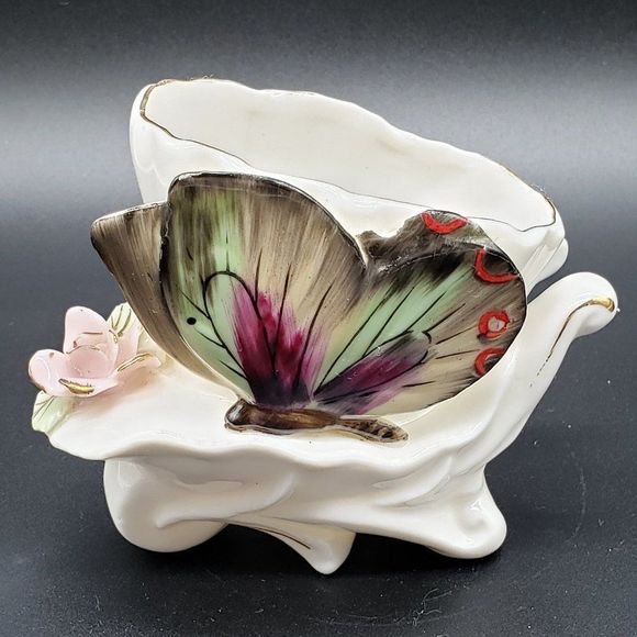 Ucagco Ceramics Japan Porcelain Wheelbarrow Butterfly Floral Motif Planter AS IS - Picture 4 of 14